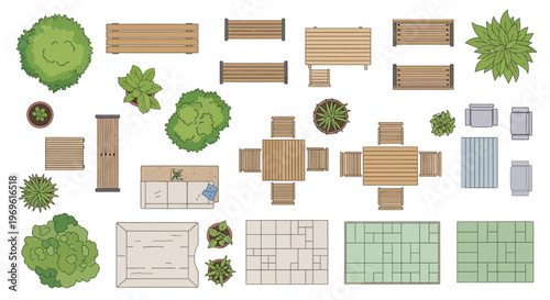 Top down view of garden furniture and landscaping elements arranged on white