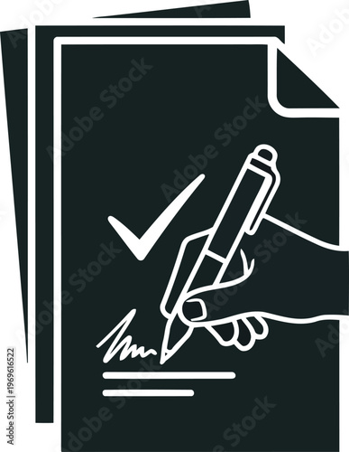 Document signature with pen and checkmark vector illustration in black.