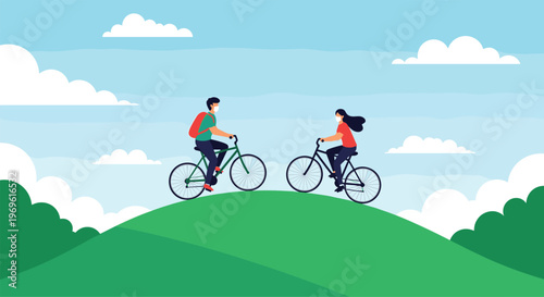Active couple wearing protective face masks while riding bicycles on a green grassy hill against a bright blue cloudy sky.