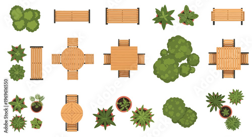 Aerial view of park elements including trees benches and tables