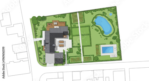 Architectural plan depicting a luxury home with extensive garden and pool areas