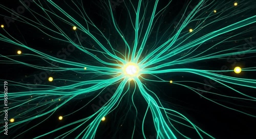 Abstract glowing neural network with interconnected bright pathways and energy sparks.