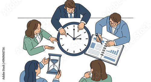 Business people collaborating around a clock illustrating time management.