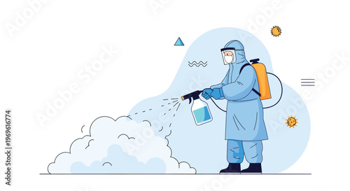 Professional worker in a full blue hazmat suit and protective gear spraying disinfectant mist to sanitize a large area.