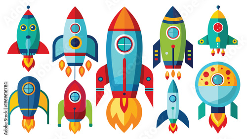 Colorful cartoon rockets in different shapes and sizes on a white background showing a space theme for kids and educational purposes
