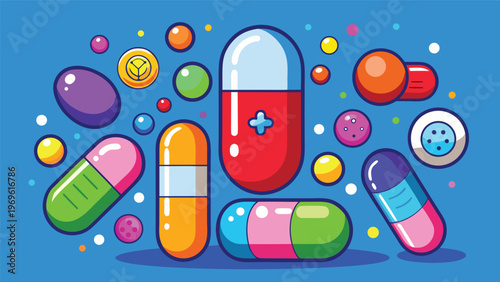 Colorful capsules and pills are scattered on a blue background in a fun and engaging design for health and wellness themes