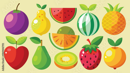 Different types of fruits are displayed on a light background with bright colors and distinct shapes in a cheerful arrangement