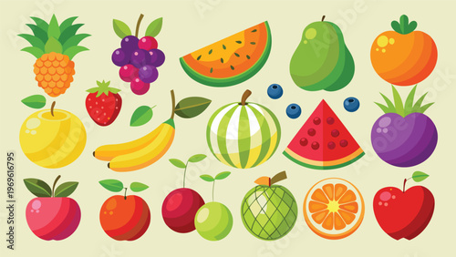 Colorful fruits arranged on a light background showing a variety of shapes and colors in a fun graphic design