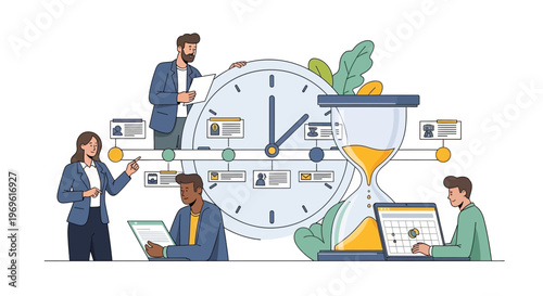 Business team collaborating on project timeline with clock and hourglass.