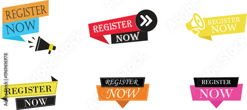 Register now icon set collection group featuring signup button symbol user account creation interface web app ui click join form registration digital access design flat modern concept.