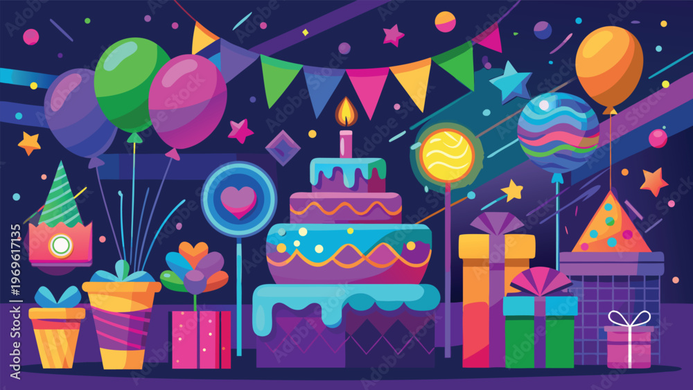 Fototapeta premium Colorful party setup features cake, balloons, gifts, and decorations for a festive celebration in a lively atmosphere