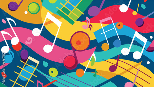 Colorful music notes create a lively pattern on a bright background during a vibrant festival atmosphere