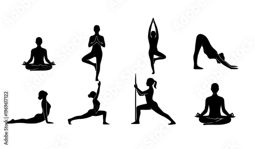 Yoga silhouette vector set with meditation and fitness poses isolated on white background