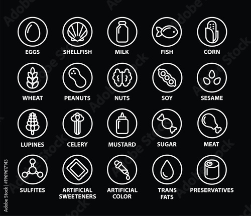 "Food Allergens and Additives Icon Set – Vector Icons for Eggs, Milk, Fish, Shellfish, Wheat, Peanuts, Tree Nuts, Soy, Sesame, Lupines, Celery, Mustard, Sugar, Meat, Sulfites, Artificial Sweeteners.