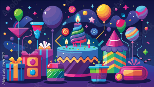 Colorful birthday celebration scene with cake, gifts, balloons, and decorations at a festive party