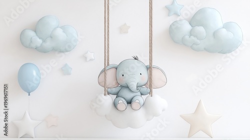 Cute illustration of a blue elephant sitting on a cloud swing surrounded by stars and balloons in a soft pastel nursery setting
