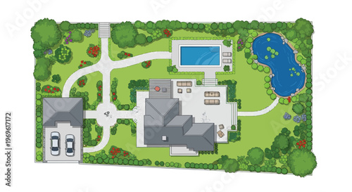 Architectural plan depicting a luxurious house with a large garden and pool
