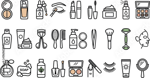 Beauty and Makeup Icon Set Featuring Cosmetics, Skincare, Haircare, Salon Tools, Personal Care Products, Facial Treatment, and Self Care Line Vector Symbols