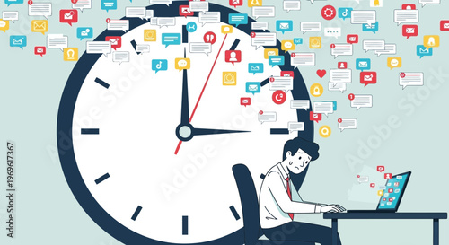 Man overwhelmed by social media notifications and time pressure.