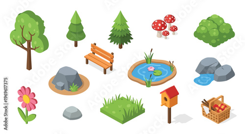 Isometric park elements including trees pond bench and decorative features