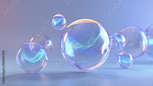 Radiant Blue Liquid Spheres Suspended in Glass – Immersive Macro Composition for Science Innovation and Digital Wellness Concepts