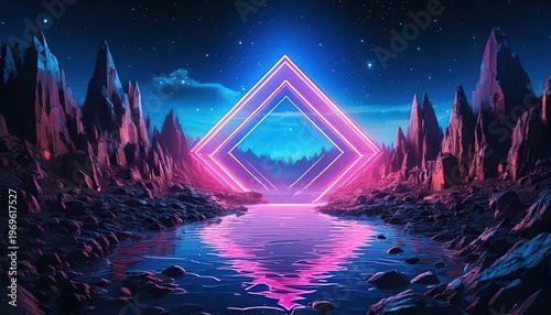 밤하늘의 별빛 아래에서 화려하게 빛나는 보라색과 파란색 네온 다이아몬드 포털이 있는 신비로운 외계 행성의 암석 지형과 고요한 호수에 비친 아름다운 반사를 담은 미래 지향적인 디지털 아트 풍경입니다.