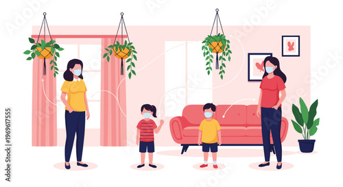 Family of four wearing protective face masks while spending time together in a cozy and modern living room at home.