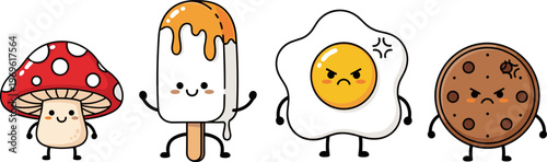 Cute food cartoon characters set, mushroom ice cream fried egg cookie with funny and angry expressions, vector illustration for kids