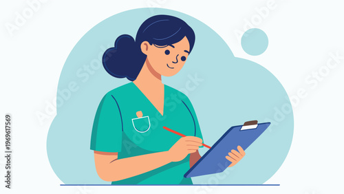 Nurse checks patient records while noting important details on a clipboard in a clinical setting during the day