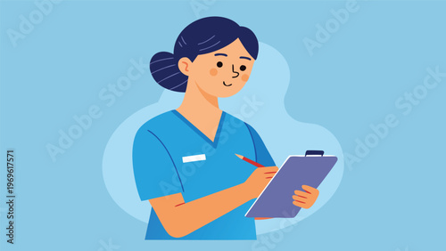 Nurse writes notes while checking patient information in a clinic or hospital setting during the day