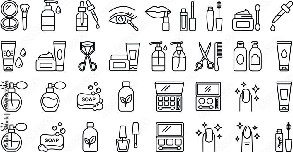Naklejka premium Spa and Beauty Line Icon Set Featuring Skincare, Wellness, Massage, Cosmetic Treatment, Hygiene, and Self Care Symbols for Health and Salon Designs