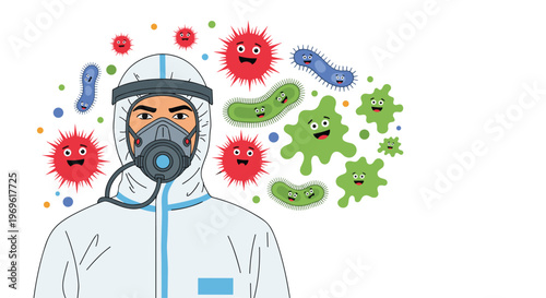 Medical professional wearing a white protective suit and a heavy duty respirator mask surrounded by colorful bacteria icons.