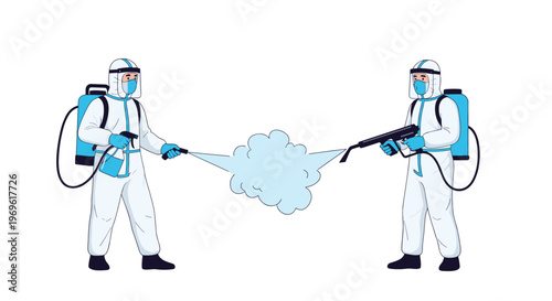 Team of two professional workers in full protective hazmat suits using specialized spray equipment for decontaminating an area.