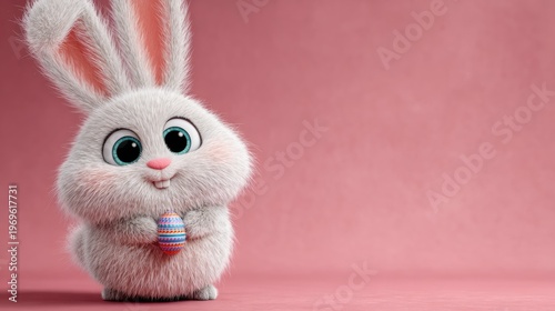 Cute cartoon rabbit character with large eyes holding a colorful Easter egg against a soft pink background, ideal for holiday-themed designs and decorations