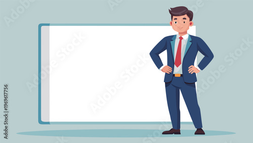 Businessman stands confidently beside a blank presentation board in a modern office setting during a workday
