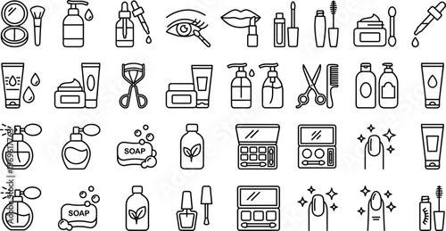 Spa and Beauty Line Icon Set Featuring Skincare, Wellness, Massage, Cosmetic Treatment, Hygiene, and Self Care Symbols for Health and Salon Designs