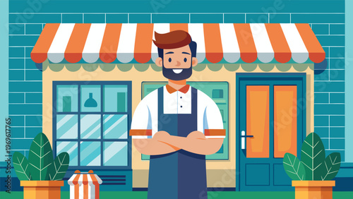 Friendly shopkeeper stands outside his store in a lively neighborhood with striped awning and colorful plants during daytime