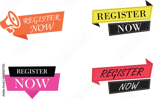 Register now icon set collection group featuring signup button symbol user account creation interface web app ui click join form registration digital access design flat modern concept.