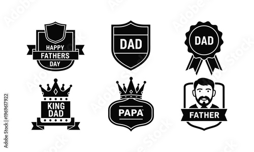 Happy father day badge king dad papa shield vector emblem set for festive greeting designs.