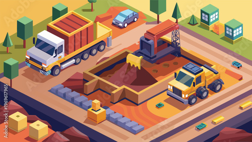 Construction site with trucks and machines working on a building project in a city setting during daytime