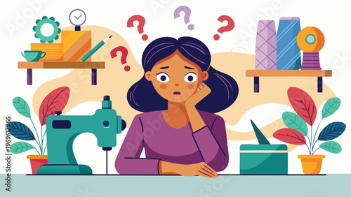 Sewing struggles with a woman sitting at a table and looking confused about her next step in a craft room