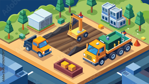 Construction site with vehicles and equipment working on ground in urban area during daytime hours