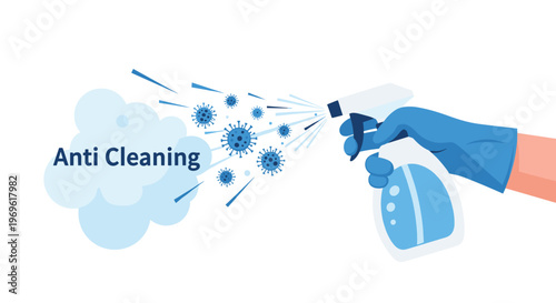Blue gloved hand using a white spray bottle to target virus cells with an anti cleaning disinfectant liquid for hygiene.