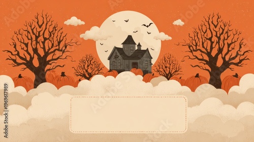 Halloween-themed illustration featuring a spooky house surrounded by barren trees, pumpkins, and a large moon with bats flying in an orange sky
