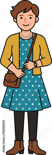 Flat vector illustration of a smiling young woman in casual attire, wearing a patterned dress, cardigan, leggings, and crossbody bag.
