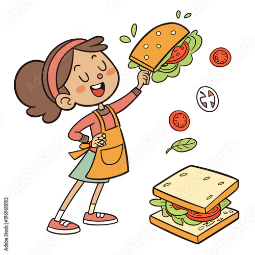 Cartoon girl holding sandwich, food illustration, vector clip art, sandwich making, cartoon food