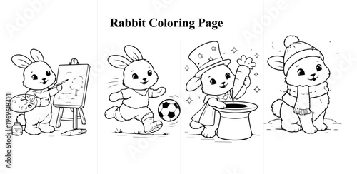 Cute Rabbit Fantasy & Adventure Coloring Pages Bundle – Baking, Space, Fishing & Superhero Printable Line Art