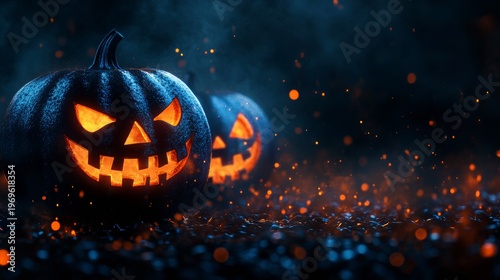 Two carved Halloween pumpkins with glowing orange faces sit on a dark surface, surrounded by a misty atmosphere and scattered glowing particles in the background