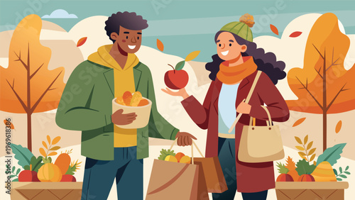 Couple shares fruits in a park during autumn while surrounded by colorful trees and harvest decorations