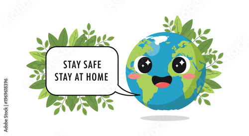 Cute cartoon earth character with large eyes and a stay safe stay at home message bubble surrounded by green leaves.